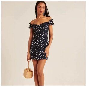 Abercrombie & Fitch Navy Blue Polka Dot Off-the-Shoulder Mini Dress